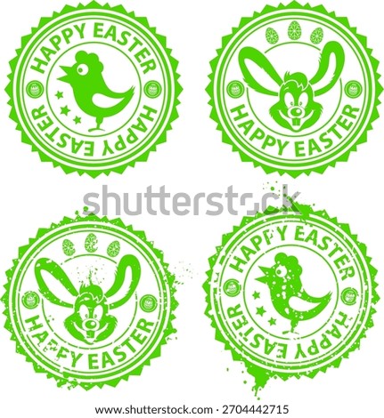 Collection grunge Easter Stamps with Rabbit and Chicken, vector illustration