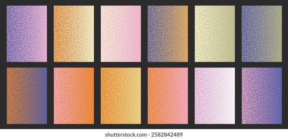 Collection of grunge halftone gradient backgrounds. Faded grit noise texture. Colorful seamless patterns for banner, poster, graphic design. 