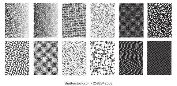 Collection of grunge halftone gradient backgrounds. Faded grit noise texture. White and black seamless patterns. Retro anime or manga style comic overlay. 