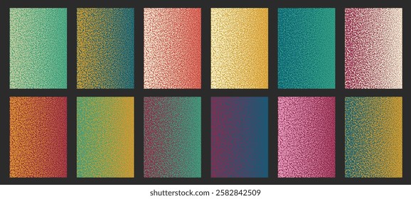 Collection of grunge halftone gradient backgrounds. Faded grit noise texture. Colorful seamless patterns for banner, poster, graphic design. 
