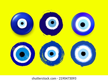 Collection grunge hand drawn Turkish evil eye. Mandala greek evil eye. Symbol of protection in Greece, Cyprus. Amulet from evil eye. Vector blue Turkish fatima's eye. Magic item attribute illustration