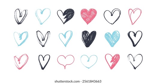 Collection of Grunge Icon Hearts. Cute doodle love sign isolated on white background. Scribble heart shapes drawn with markers and chalk