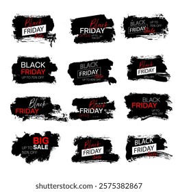 Collection of grunge label banners black ink brush stroke sale, stickers and tags discount grunge style.