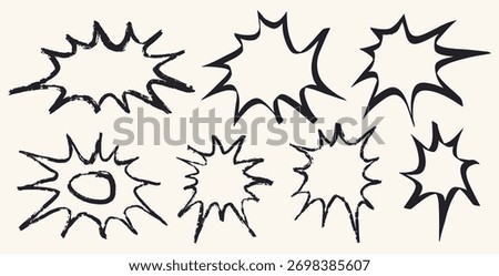 A collection of grunge marker bursts showcases dynamic irregular star shapes. Each shape varies in size and texture adding a lively touch to artistic designs or graphics.