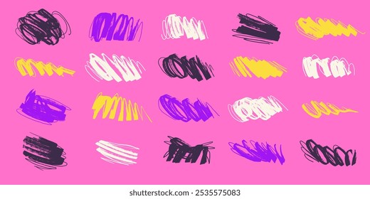 Collection of Grunge Marker Lines in Bold Colors on a Pink Background. Ideal for artistic projects, textured designs, and creative backgrounds