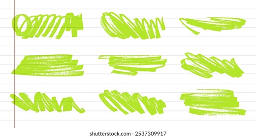 Colección de líneas de marcador Grunge en verde neón sobre un fondo forrado. Trazos abstractos creativos en verde vibrante con un estilo de bloc de notas.