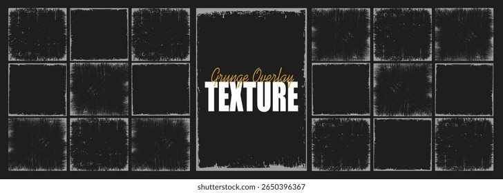 Coleção de textura de papel de sobreposição grunge, capa de foto danificada, fundo rasgado ou rasgado retro, moldura de pincelada de tinta angustiada e filtro de banner sujo com borda irregular, respingo e grão de poeira.