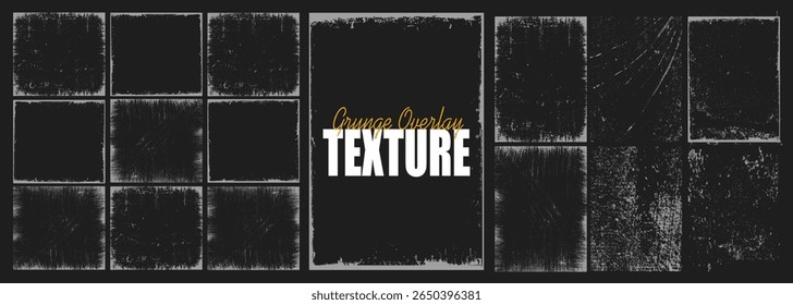 Coleção de textura de papel de sobreposição grunge, capa de foto danificada, fundo rasgado ou rasgado retro, moldura de pincelada de tinta angustiada e filtro de banner sujo com borda irregular, respingo e grão de poeira.