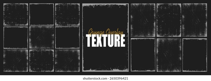 Coleção de textura de papel de sobreposição grunge, capa de foto danificada, fundo rasgado ou rasgado retro, moldura de pincelada de tinta angustiada e filtro de banner sujo com borda irregular, respingo e grão de poeira.
