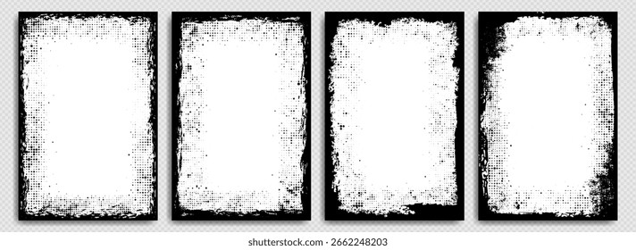 Collection of grunge overlay texture frame, dirty photo filter, social media business background or watercolor poster with paint brush stroke and halftone. Torn paper border pattern for fashion banner