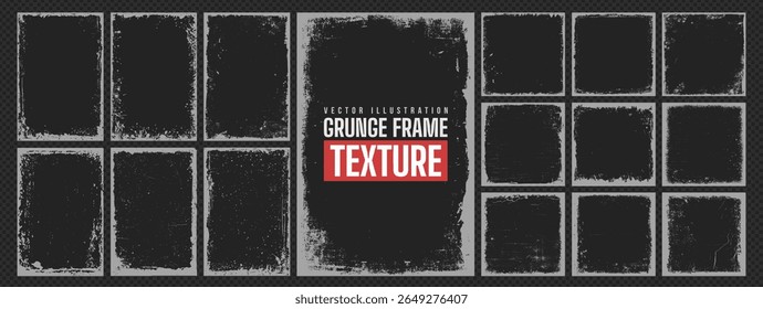 Collection of grunge overlay torn paper texture for invitation banner and social media poster. Retro damaged stamp silhouette, distressed watercolor frame and photo border with ink paint brush stroke.