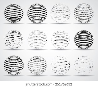 Collection of Grunge Sphere Vector Logo Template. Abstract Globe Symbol, isolated Round Icon, 