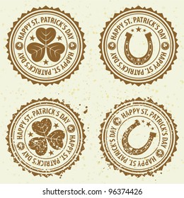 Collection grunge St. Patrick's Day Stamps with Clover and Horseshoe, vector illustration