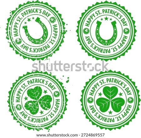 Collection grunge St. Patrick's Day Stamps with Clover and Horseshoe, vector illustration