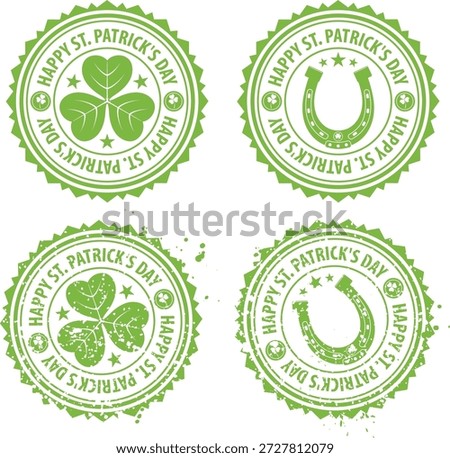 Collection grunge St. Patrick's Day Stamps with Clover and Horseshoe, vector illustration