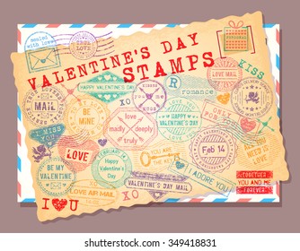 Collection of grunge stamps for Valentine's Day holiday. 