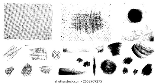 collection of grunge texture. black white canva. set of drawn scribble shapes, lines. painting strokes