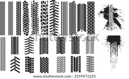 Collection of grunge tire track patterns and ink splatter textures, perfect for automotive designs, rugged backgrounds, and industrial-themed graphic art