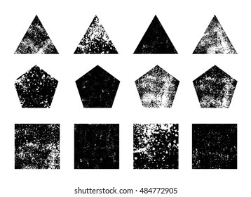 Collection of grunge triangle, square, pentagon shapes. Design elements for logo, branding, label. Old, dirty forms.