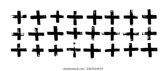 Collection of grunge vector crosses and pluses. Abstract geometric brush strokes, simple math symbols isolated on white background. Handdrawn vector ink illustration. Simple minimalistic graphic signs