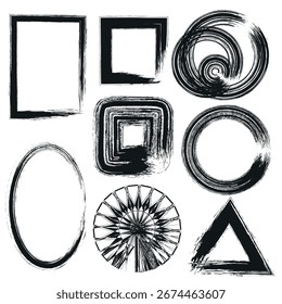 Collection of grunge vector frames and geometric shapes. Black brush stroke design for posters, backgrounds, logos, labels, or decoration.