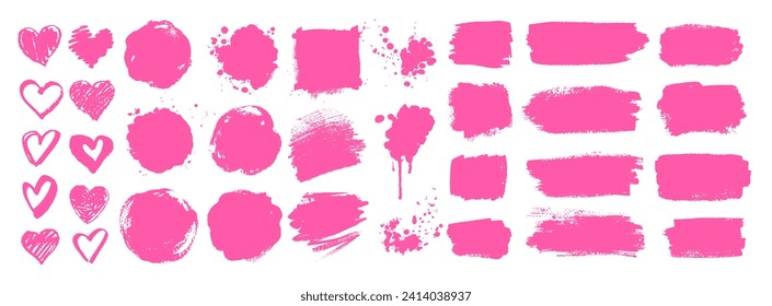 Collection of grunge vector hand drawn elements, banners and paint splashes in pink color