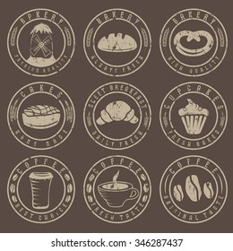 Collection of grunge vintage retro bakery and coffee labels