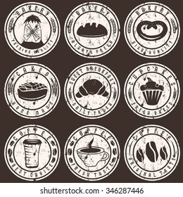 Collection of grunge vintage retro bakery and coffee labels