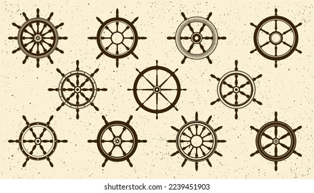 Collection of grunge vintage steering wheels. Ship, yacht retro wheel symbol. Nautical rudder icon. Marine design element. Vector illustration