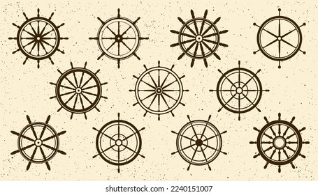 Collection of grunge vintage steering wheels. Ship, yacht retro wheel symbol. Nautical rudder icon. Marine design element. Vector illustration