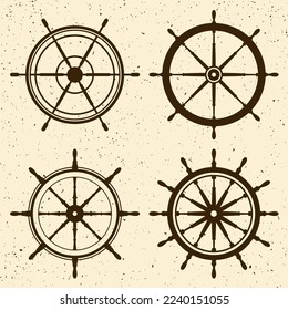 Collection of grunge vintage steering wheels. Ship, yacht retro wheel symbol. Nautical rudder icon. Marine design element. Vector illustration