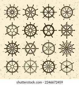 Collection of grunge vintage steering wheels. Ship, yacht retro wheel symbol. Nautical rudder icon. Marine design element. Vector illustration