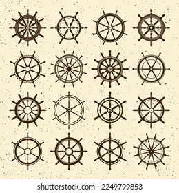 Collection of grunge vintage steering wheels. Ship, yacht retro wheel symbol. Nautical rudder icon. Marine design element. Vector illustration