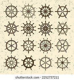 Collection of grunge vintage steering wheels. Ship, yacht retro wheel symbol. Nautical rudder icon. Marine design element. Vector illustration