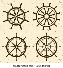 Collection of grunge vintage steering wheels. Ship, yacht retro wheel symbol. Nautical rudder icon. Marine design element. Vector illustration