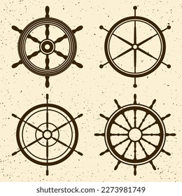 Collection of grunge vintage steering wheels. Ship, yacht retro wheel symbol. Nautical rudder icon. Marine design element. Vector illustration