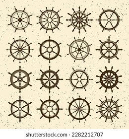 Collection of grunge vintage steering wheels. Ship, yacht retro wheel symbol. Nautical rudder icon. Marine design element. Vector illustration