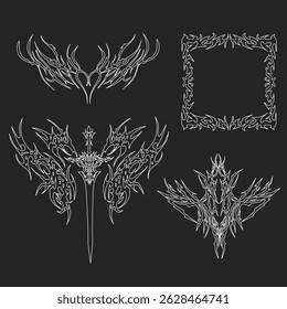 Collection Of Grunge Y2k Tattoo Streetwear Graphic Elements. Gothic Neo Tribal Cyber Sigilism Shapes Vector Design.