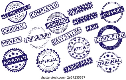A collection of grunge-style rubber stamps with various business-related labels such as approved, confidential, original, and completed. Business rubber stamps. Grunge stamp collection.
