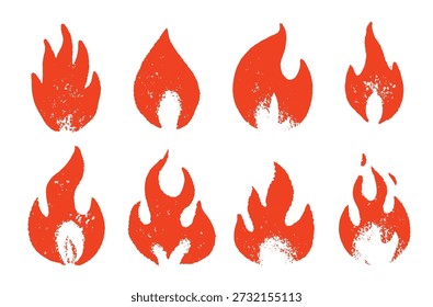 Collection of grungy fire flames. different elements for bonfire or other usage. Modern street style drawing art. hand drawn 