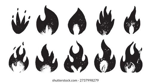 Collection of grungy fire flames. different elements for bonfire or other usage. Modern street style drawing art. hand drawn 