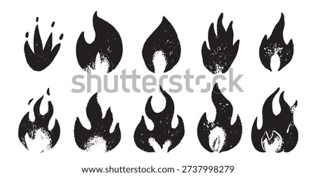 Collection of grungy fire flames. different elements for bonfire or other usage. Modern street style drawing art. hand drawn 