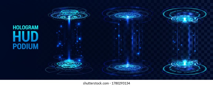 Collection GUI, UI podiums holograms in HUD style. Circle technology portal with effects. Blue blank holograms for show your product. Virtual reality projector presentation in Cyberpunk style. Vector