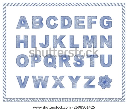 A collection of guilloche letters in a frame