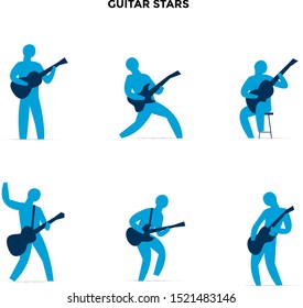 Collection of guitar players. Flat style vector illustration isolated on white background