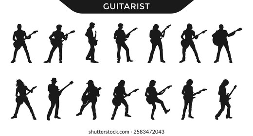 Collection of guitarists silhouettes vector in various dynamic poses