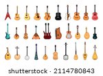 Collection of guitars of different types. National folk instruments. Detailed illustrations of stringed instruments.
