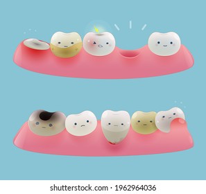 Collection of gum and cute little teeth in a blue background. Cartoon of total health dental problems. Illustration, and vector design