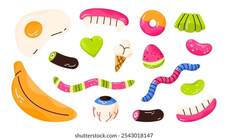 Colección de caramelos de goma. Conjunto de caramelos masticables afrutados con diferentes Formas. Sabrosos aperitivos de gelatina. Una golosina azucarada. Ilustración vectorial en estilo de dibujos animados. Fondo blanco aislado
