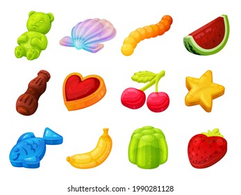 Kollektion gummige, Vektorgrafik flach Illustration im isometrischen Stil. Setze süßen Charakter, Gelee Bär, Marmeladenwurm, Zuckertier oder Obst einzeln. Vitamin-Nachtisch-Kautgelatine-Snack für Kinder